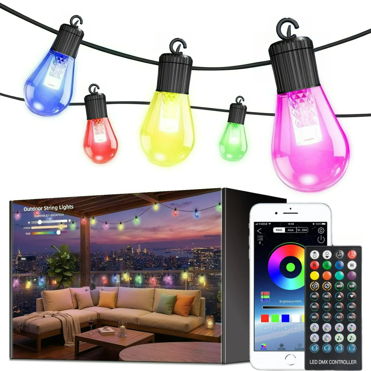 屋外ストリングライト-984フィート、30個の調光可能なrgbic-led電球付きパティオライト、ip65防水、耐衝撃、app＆リモコン操作