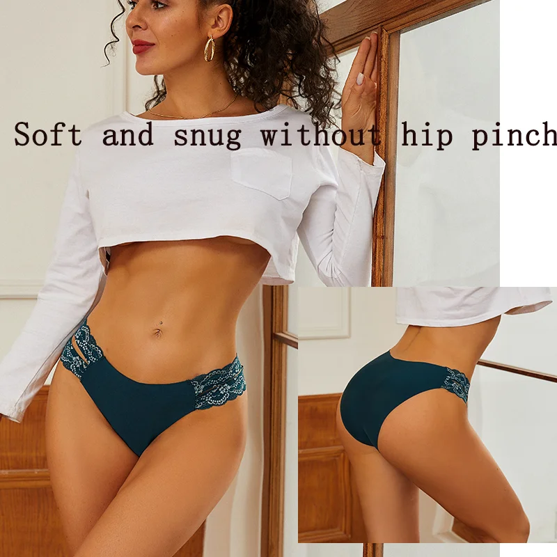 3PCS/SET FINETOO Women\'s Solid Color Lace Side V-Shaped Seamless Triangle Panties Sexy Design Waist Exposure Underwear Briefs