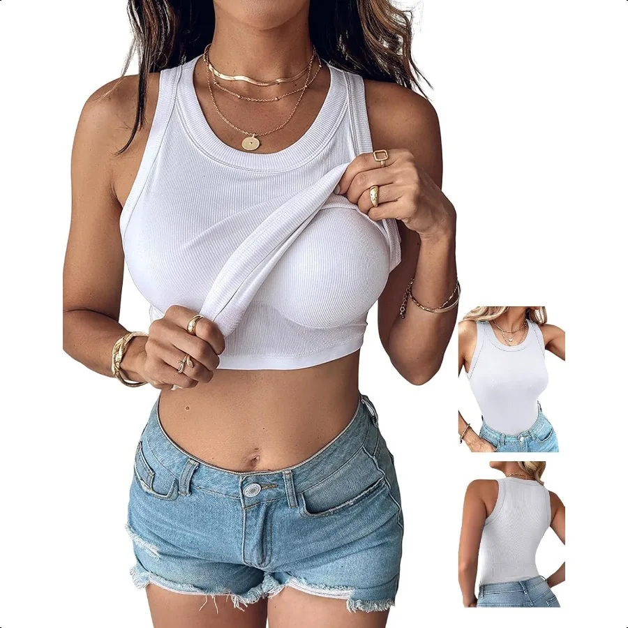 

CHICME Women Builtin Bra Tank Tops Sleevel Casual Shirts Racerback Ribbed Fitted Tank Tops