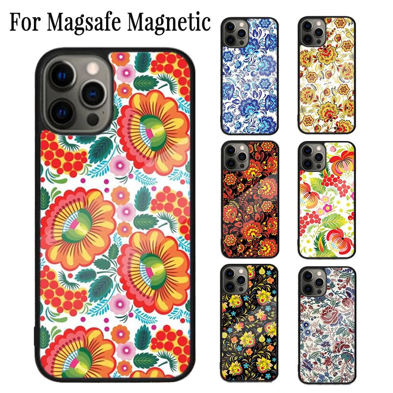 Khokhloma Russian Pattern Flower Magnetic Phone Case For iPhone 16 15 14 Plus 13 12 11 Pro Max Magsafe Wireless Charging Cover