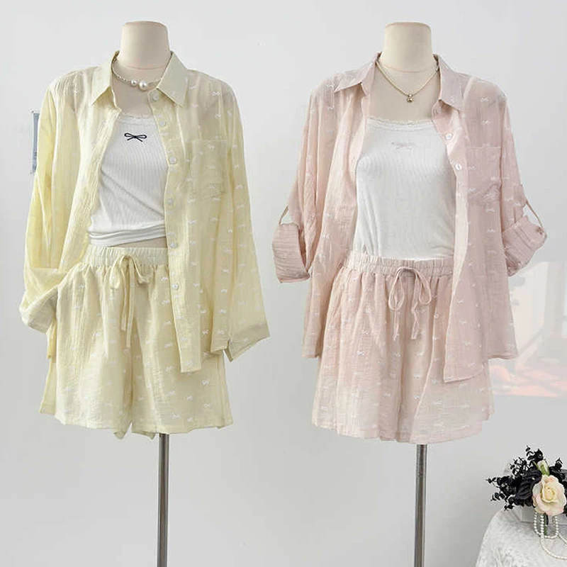 

Shining Sequin Bow Turn Down Collar Shirt Set Women's Summer Lace Splicing White Tank Top Drawstring Wide Leg Shorts 3Piece Set