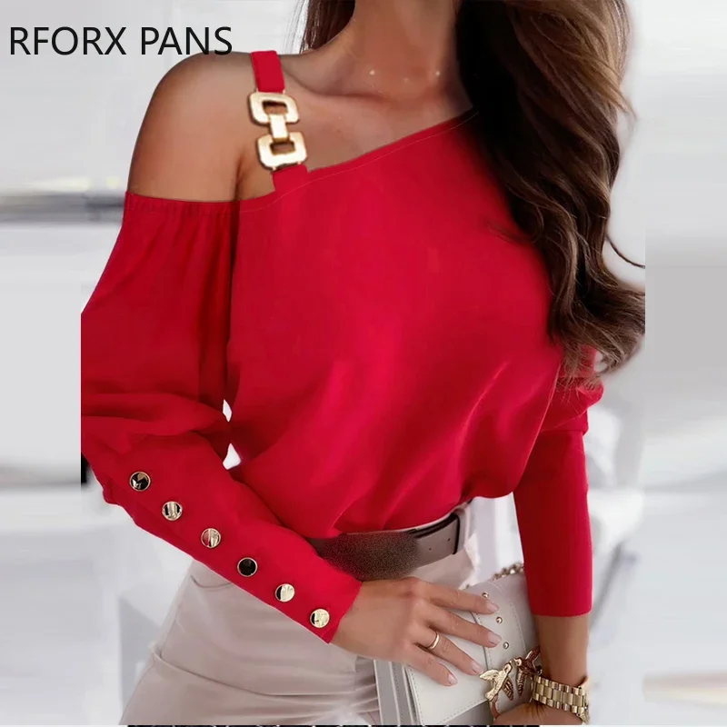 Women Casual One Shoulder Thick Straps Long Sleeves Button Decor Top Blouses Tops