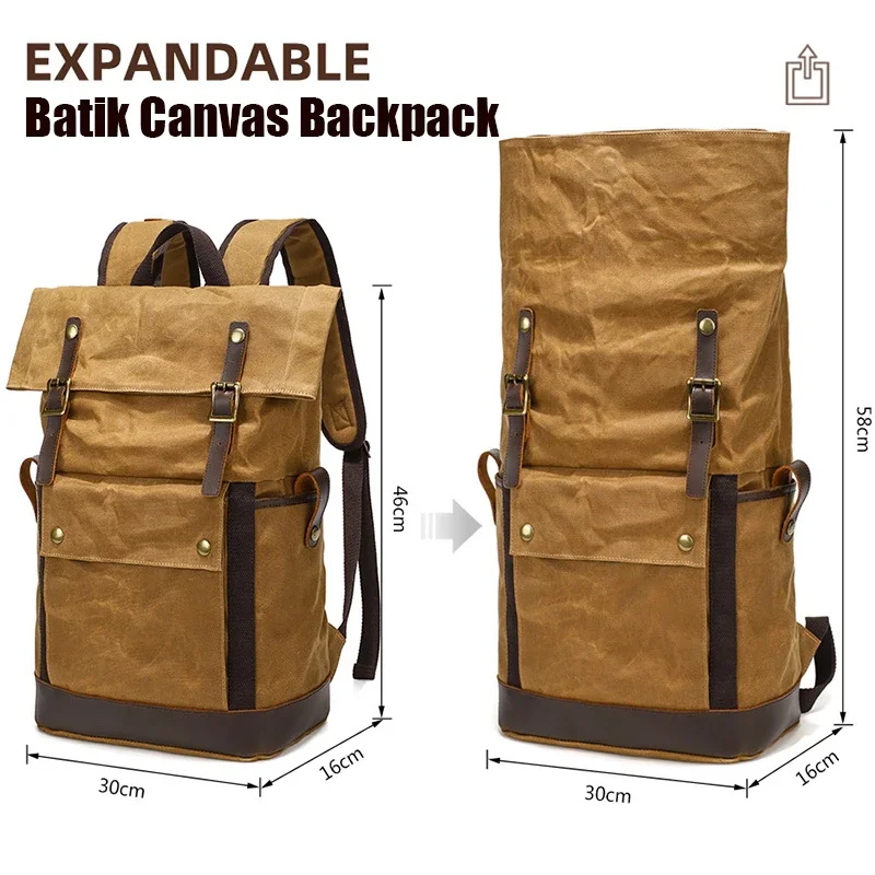 

Expandable Large Capacity Batik Waterproof Backpack Crazy Horse Cowhide Flap Buckle Travel Daily Commuting schoolBag