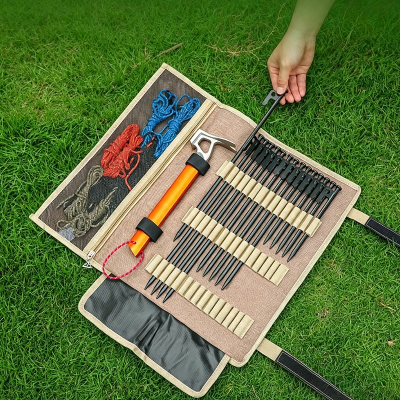 1Pc Camping Tent Peg Mallet Bag - Foldable Roll-Up Organizer Pouch with Elastic Loops, Handheld Camping Tool Storage Accessories