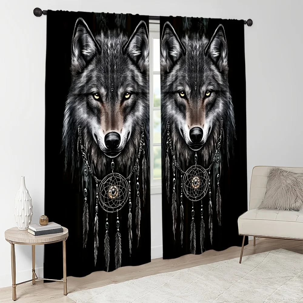 2pcs Wolf Print Curtains Dreamcatcher Design Tribal Art Theme Mystical Style Polyester Window Drapes for Living Room Bedroom