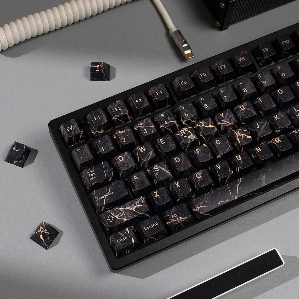 Black marble mechanical keyboard keycaps large set of PBT five-side heat sublimation original height suitable for 61/87, etc.