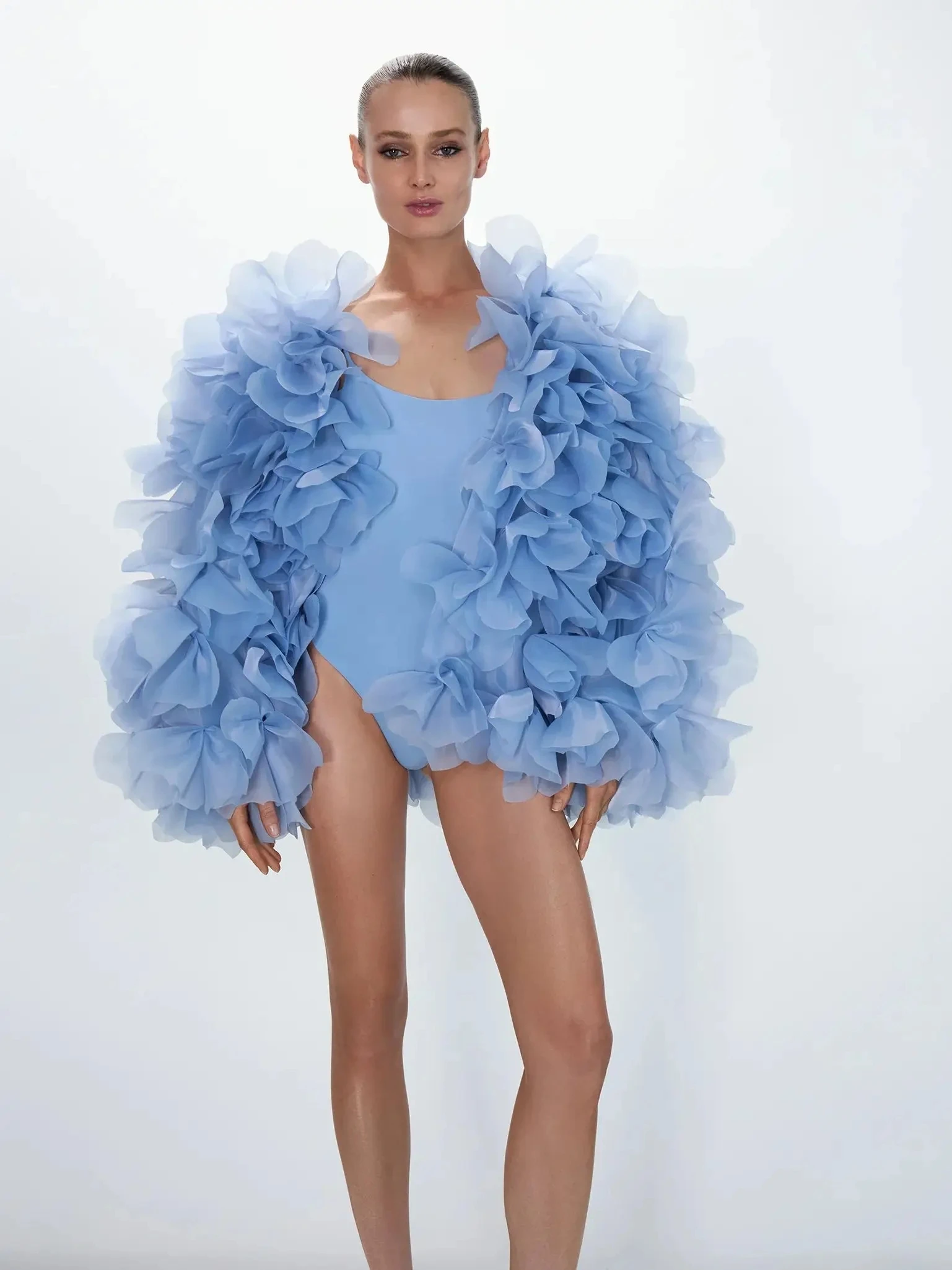 Jaquetas femininas azuis moda blusa de organza capa feminina oversize jacekt casaco com mangas em camadas