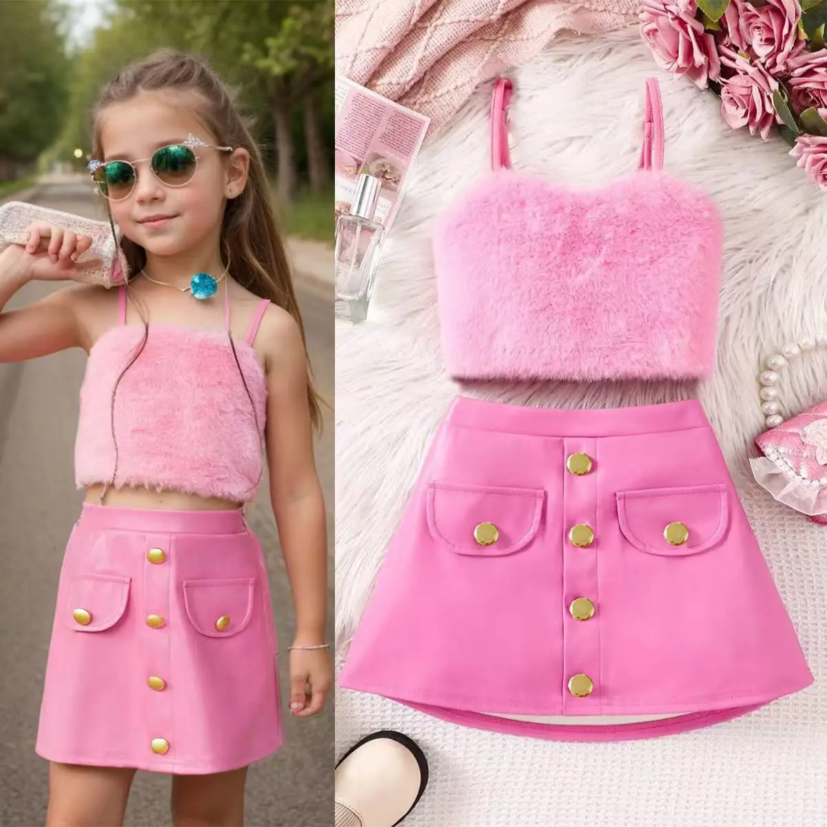 

2025 New Girl's Spring/Summer Hot Girl Set Solid Color Hairy Strap Top with Leather Skirt Two Piece Set