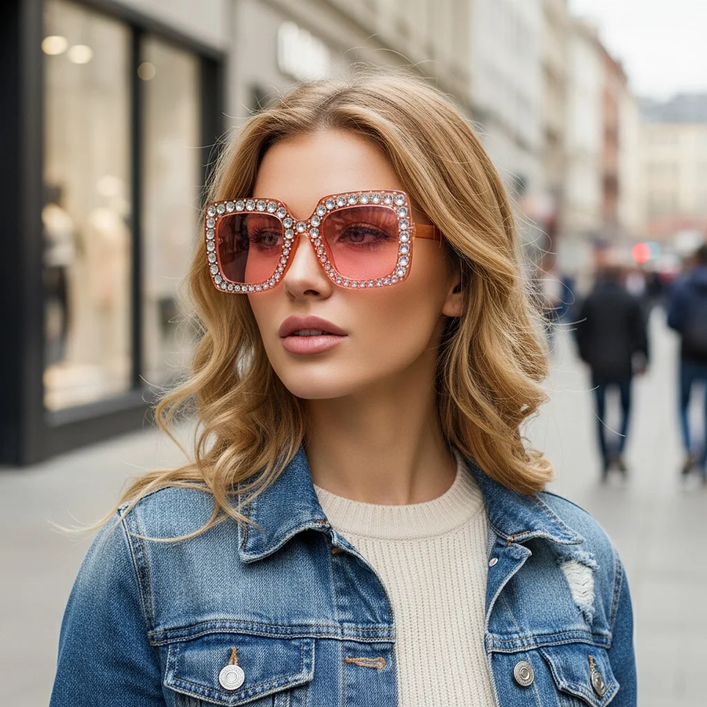 Full Diamond Large Frame Sunglasses Unisex Face Slimming Effect UV400 Protection Elegant And Versatile Sunglasses 5036