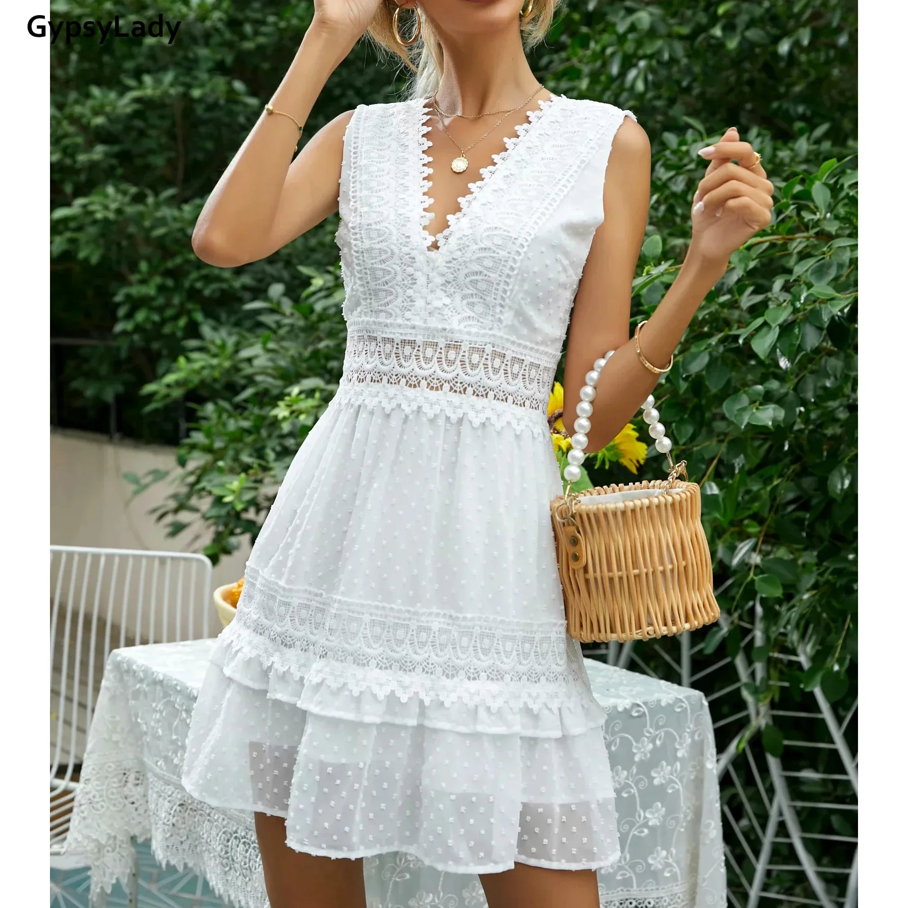 GypsyLady White Lace Summer Mini Dress Sexy V-neck Backless Women Dress Sleeveless Ruffles Chic Crochet Ladies Holiday Dress