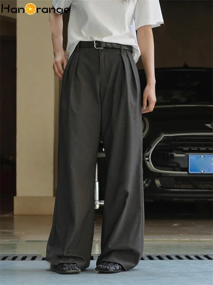 

HanOrange 2025 Spring Simple Double Folds Wool Pants Women Loose Wide Legs Trousers Dark Gray/Blue