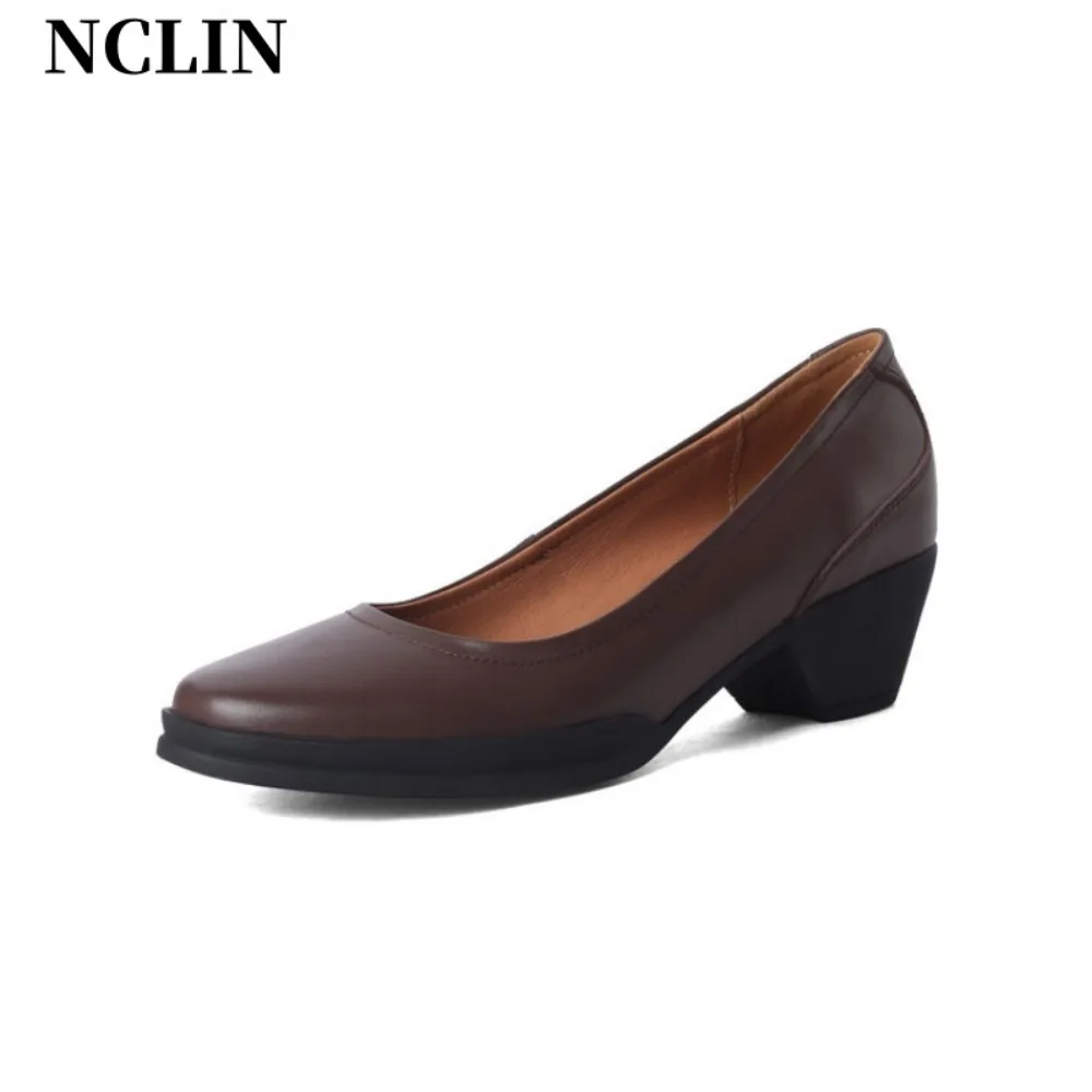 

2024 Spring/Autumn Loafers Shoes Thick Heels Round Toe Shallow SLIP-ON Women Shoes Fashion Design Cow Leather Retro Women Shoes