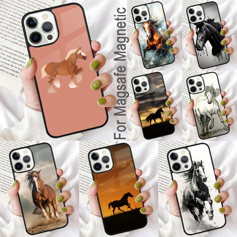 Galloping Horse Magnetic Soft Phone Case for iPhone 16 Promax 15 Pro 13 14 Plus 11 12 Mini MagSafe Coque