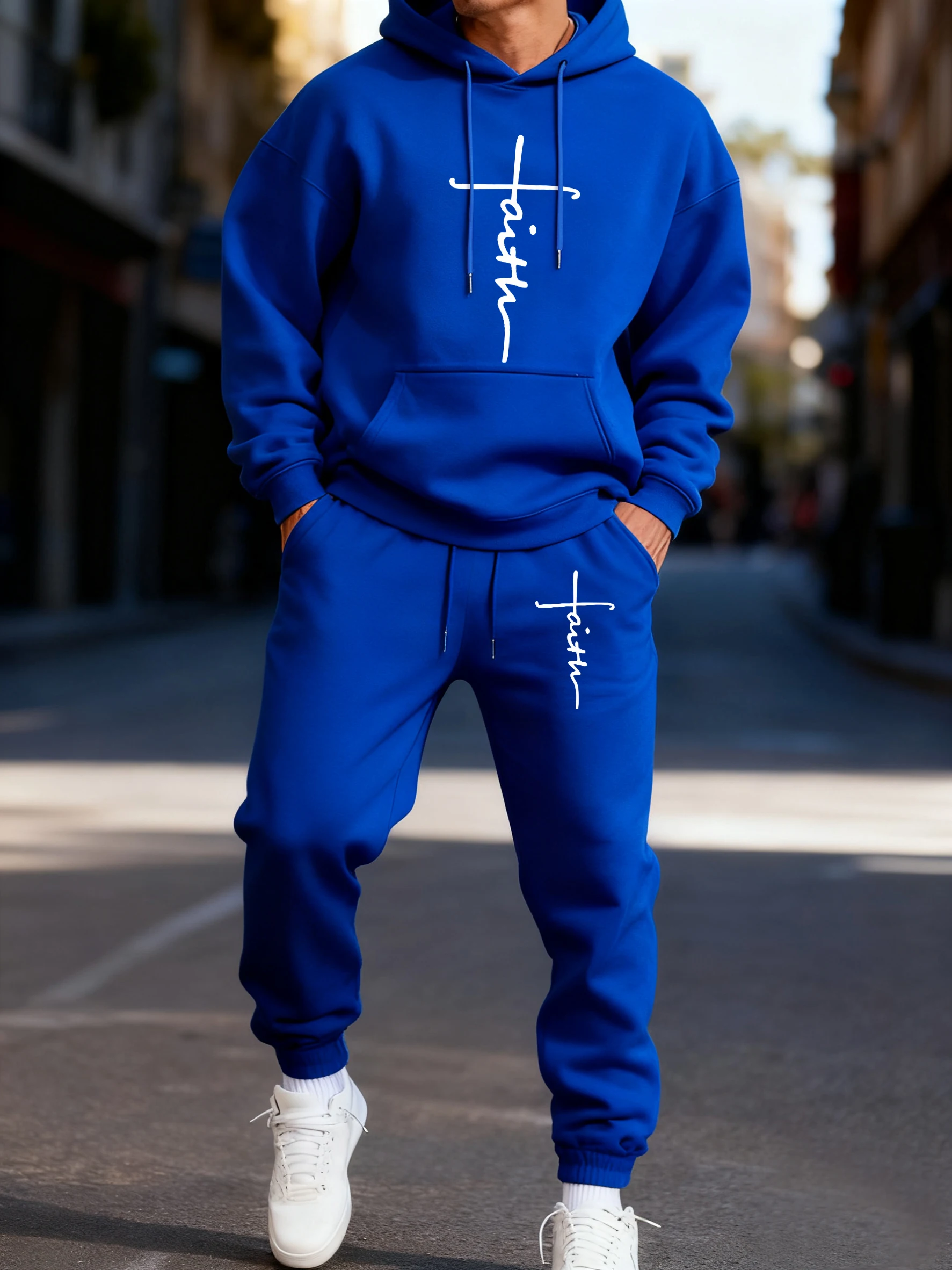 Faith Cursive Script Letter Print Men Classic Sport Hoodie Sets Autumn Casual Pullover Warm Fleece Sweatpants Loose 2 Piece Set