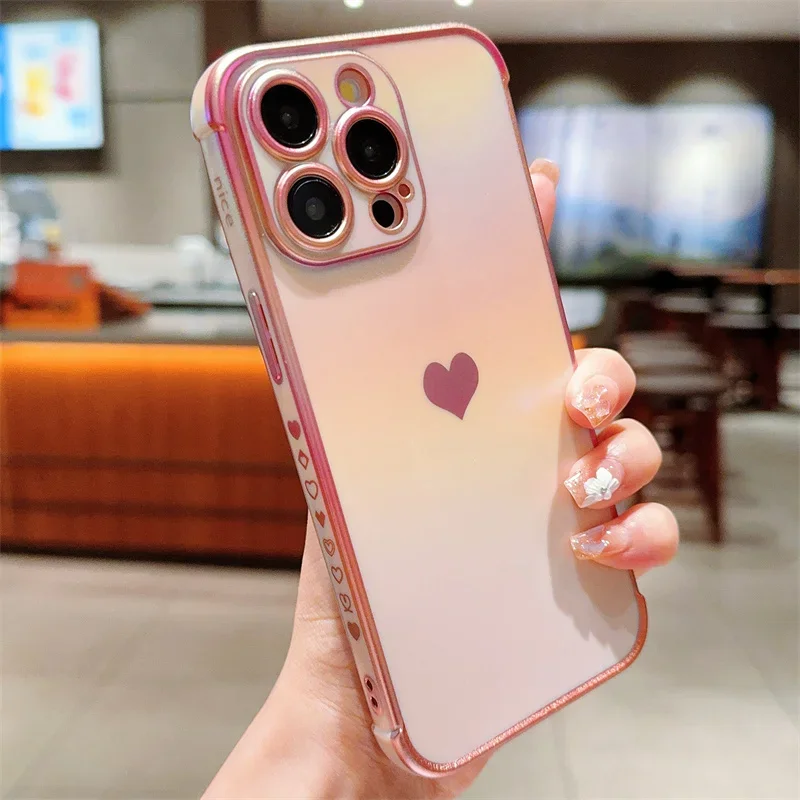 Colourful Love Heart Electroplated Phone Case For iPhone 16 15 14 13 12 11 Pro Max Plus Shockproof Silicone Soft TPU Back Cover