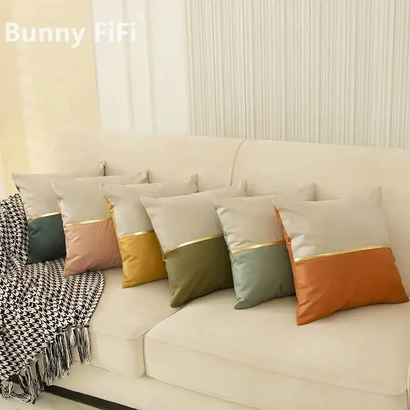 Velvet Throw Pillow Covers with Gold Leather Patchwork Luxury Modern Minimalist Square Cushion Covers for Living Room Bed Sofa