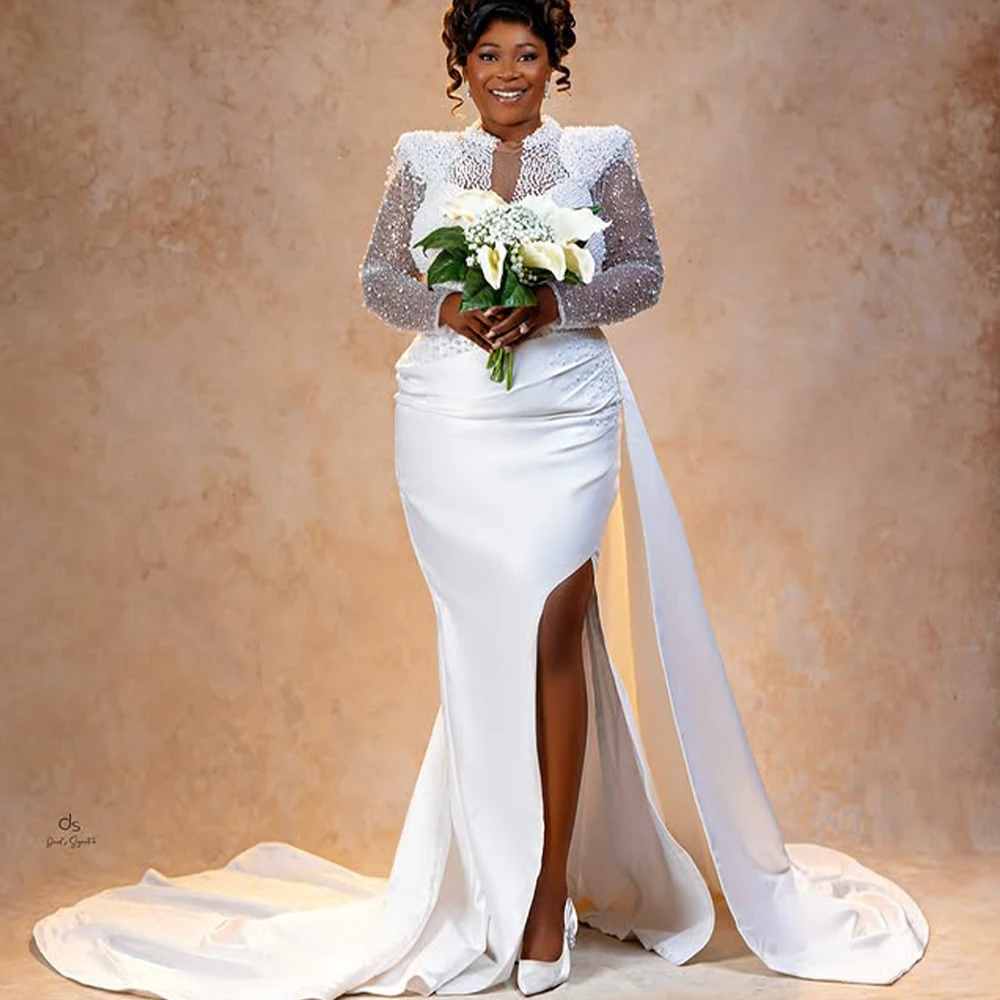 

Pearls Mermaid Wedding Dresses for Bride O Neck Long Sleeve Side Split Beading Plus Size African Bridal Gowns Customized