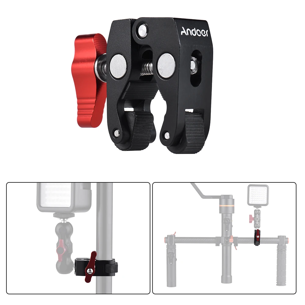 Andoer Multi-function Ball Head Clamp Ball Mount Clamp Arm Super Clamp with 1/4-20 Thread for Monitor LED Video Light Flash