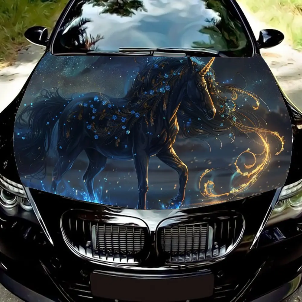 ملصقات غطاء السيارة Dark - Sky Spirit Steed Print، مقاومة للماء ذاتية اللصق، مقاومة للخدش، سهلة الالتصاق، متينة للسيارة PVC sti