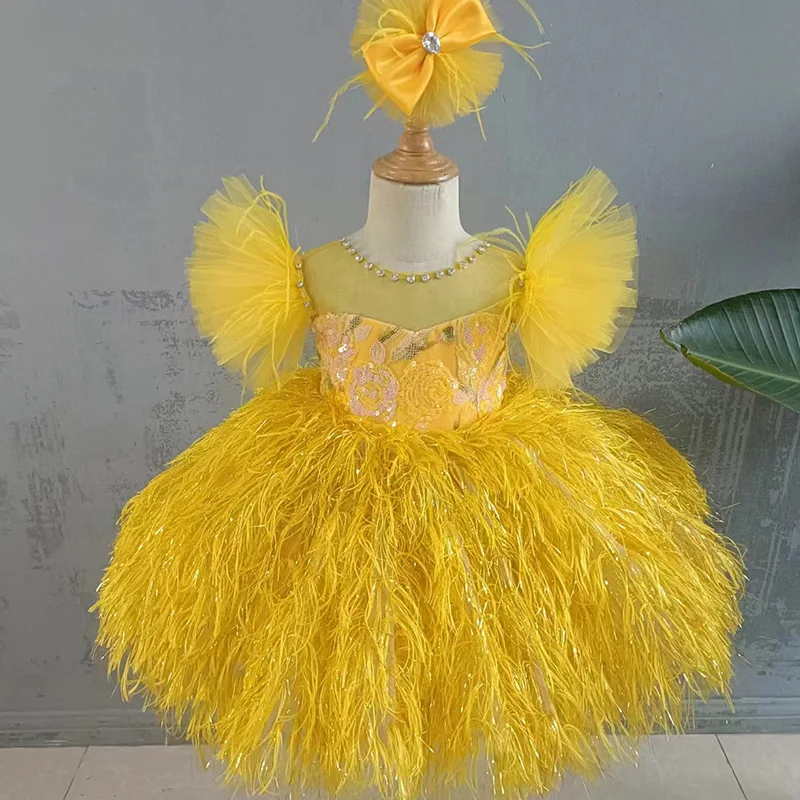 

0-8 years old Luxury Haute Couture feathered embroidery small flying sleeve evening dress for girls Carnival Ball Carnival Festi