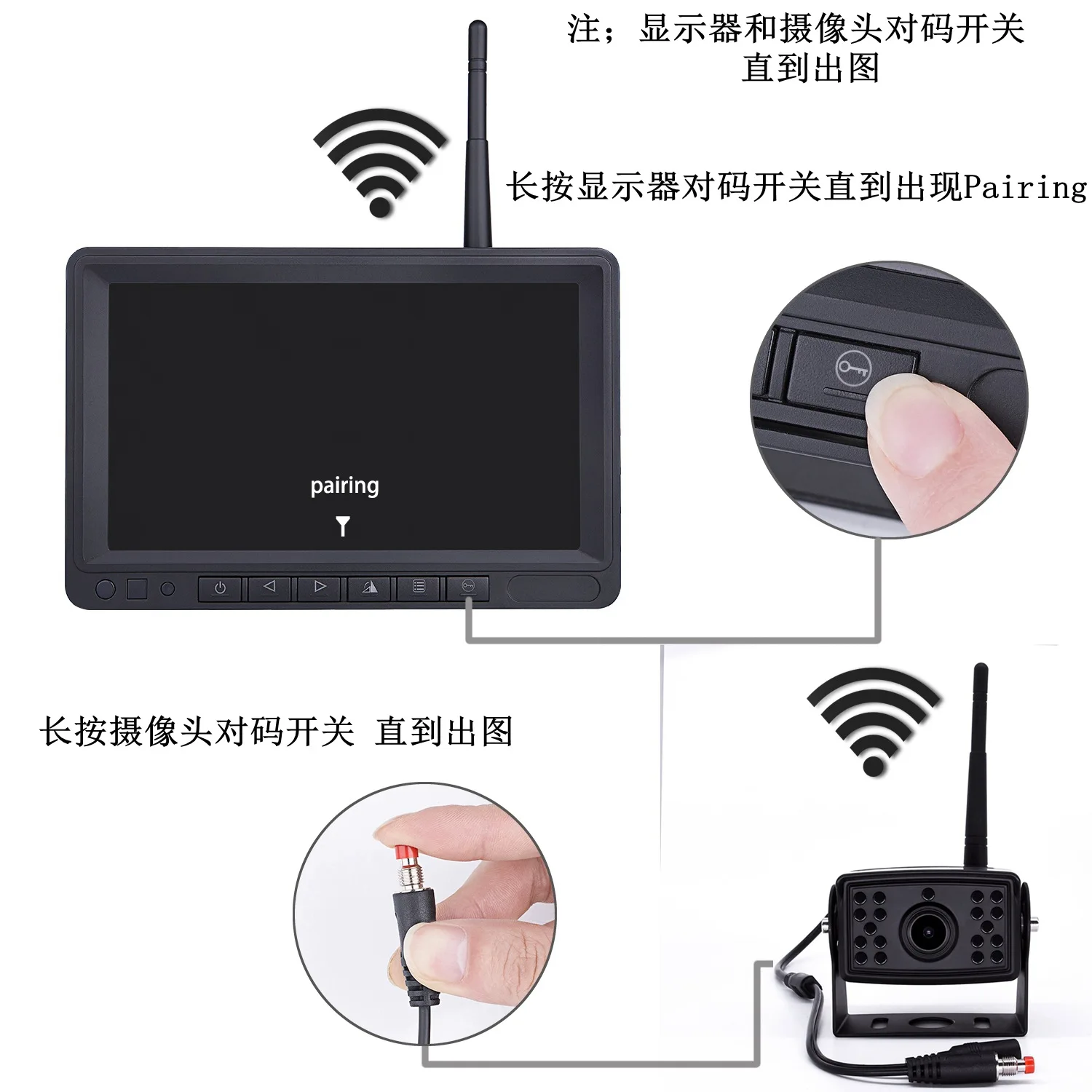 Monitor TFT de 7 pulgadas 550TVL, cámara de respaldo de Vista trasera inalámbrica de 2,4 Ghz para autobús y camión, cámara de marcha atrás a prueba de agua