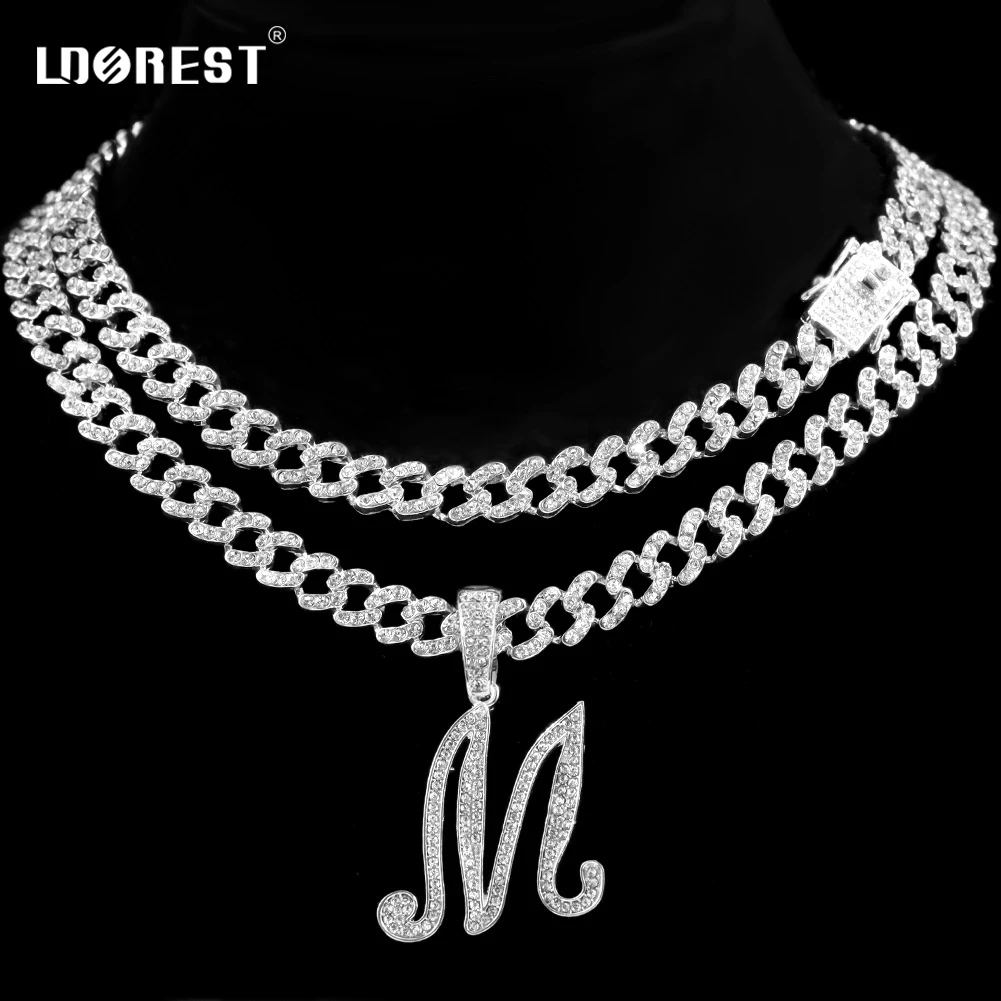 Men Women A-Z Cursive Initials Cuban Link Chain Iced Out Rhinestones Letter Alphabet Pendant Necklace Cuban Chain Gifts Jewelry