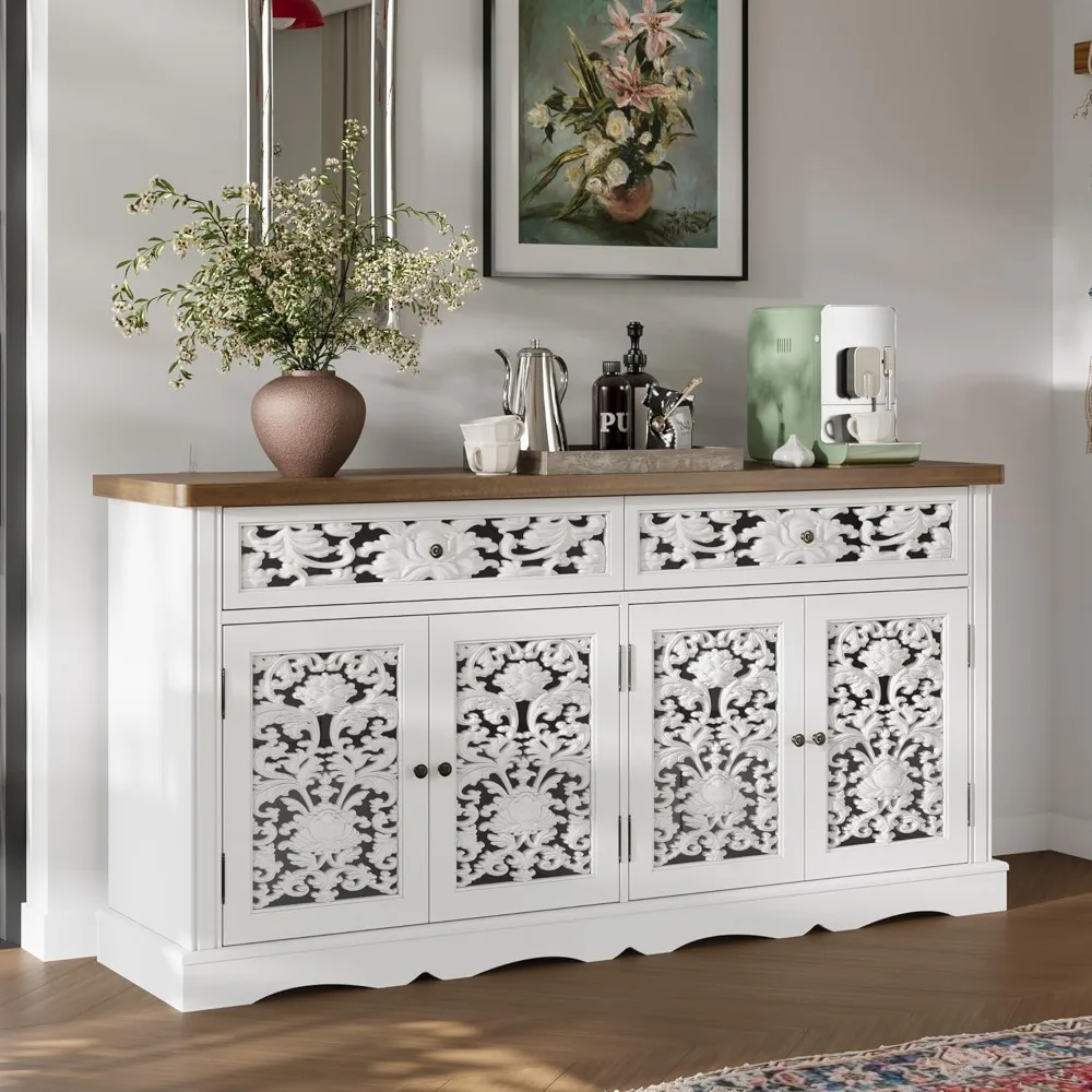 

31.5" H 2-Tier Storage Cabinet with Hollow Carved Doors, Display Curio Cabinet with 2 Drawers, Versatile Buffet Sideboard Bar