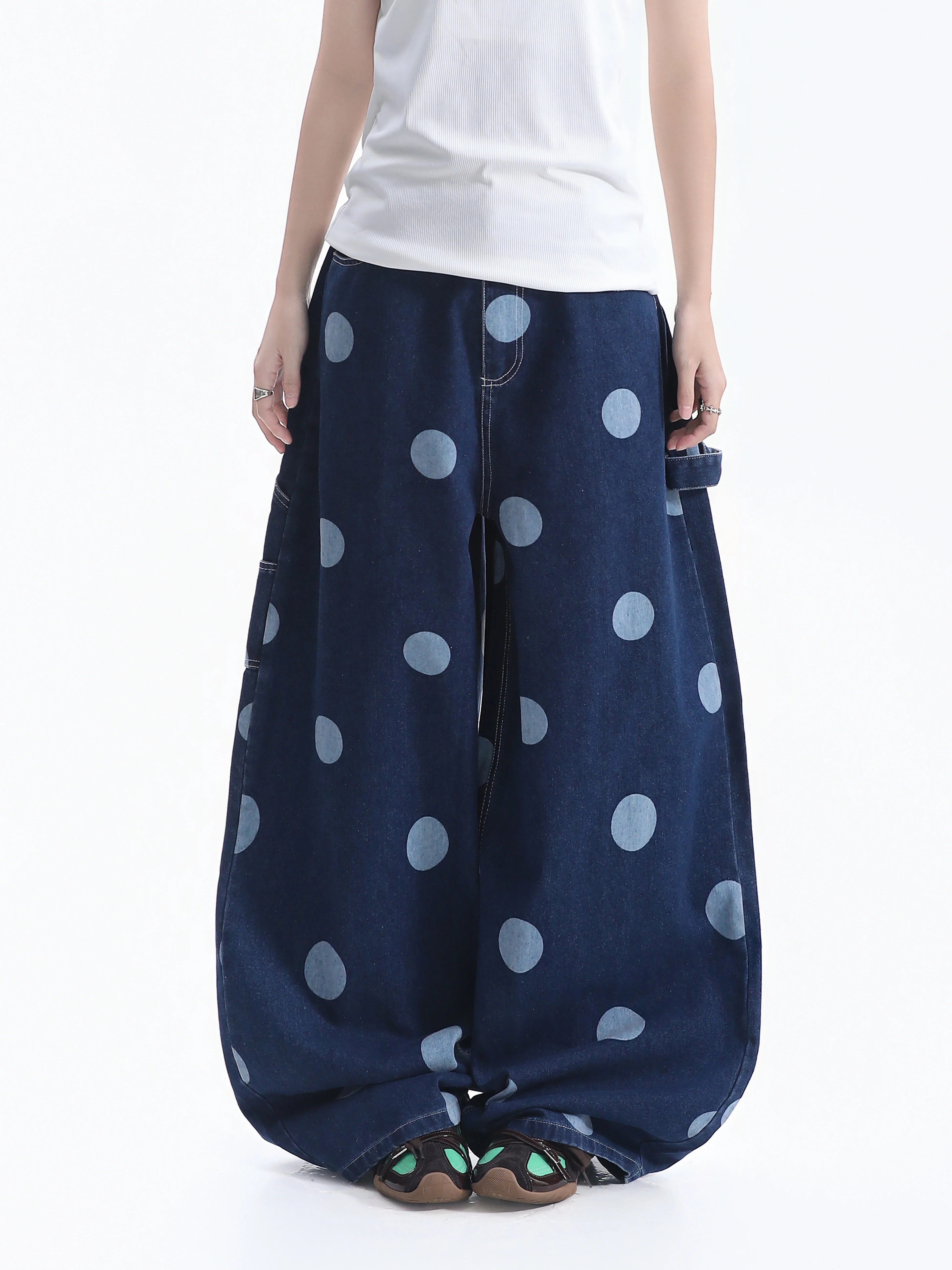 American Retro Polka Dot Print Wide Leg Pants Women's Workwear Loose Drapey Neutral Jeans Cotton Blend Wear Resistant