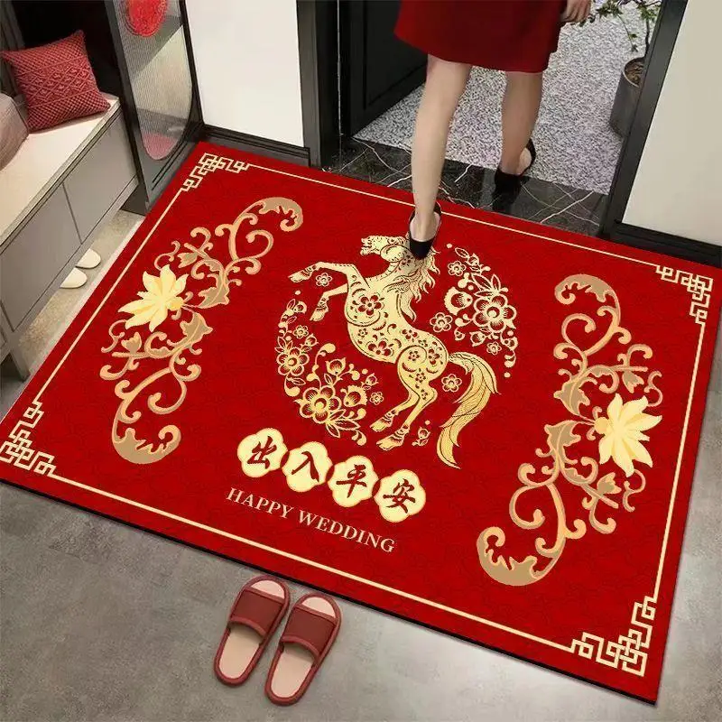 Neujahrs-Pferde-Türmatte Teppich Wohnzimmer Heimdekoration Rot-Gold Rutschfest Langlebig Küchenmatte Willkommensmatte