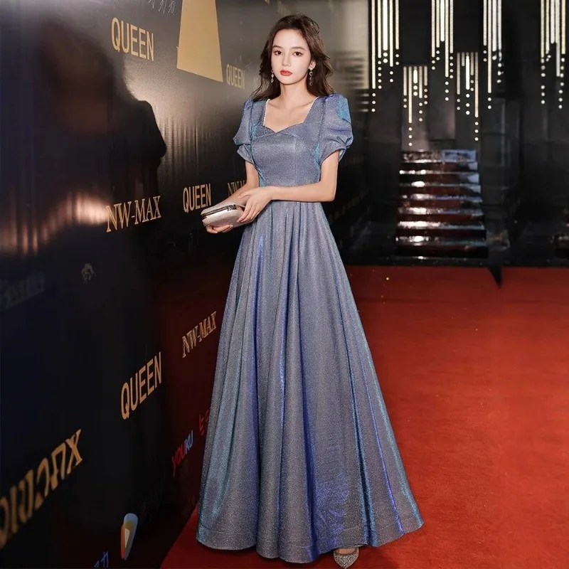 robe-de-soiree-bleue-robe-banquet-temperament-mondain-sens-haut-de-gamme-examen-d'art-ciel-etoile-hote-de-la-reunion-annuelle