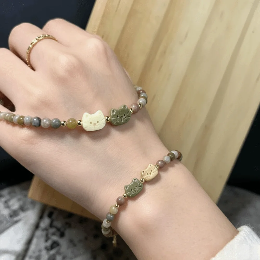 Sweet New Chinese Style Cat Bracelet Best Friend Resin Women Jewelry Cute Stacked Bracelet Gift