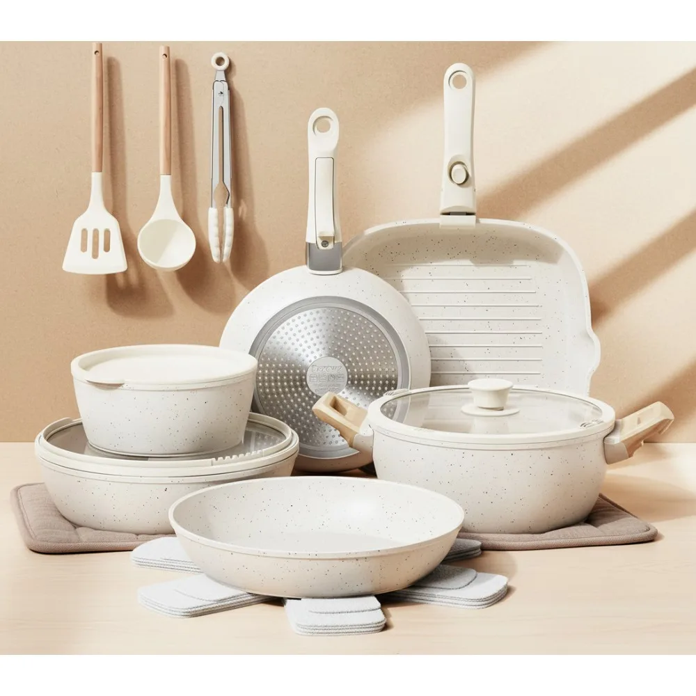 

19-Piece Ceramic Non-Stick Cookware Set, Induction Safe, Dishwasher/Oven Friendly, PFAS/PTFE/PFOA Free for Family & RV Cooking