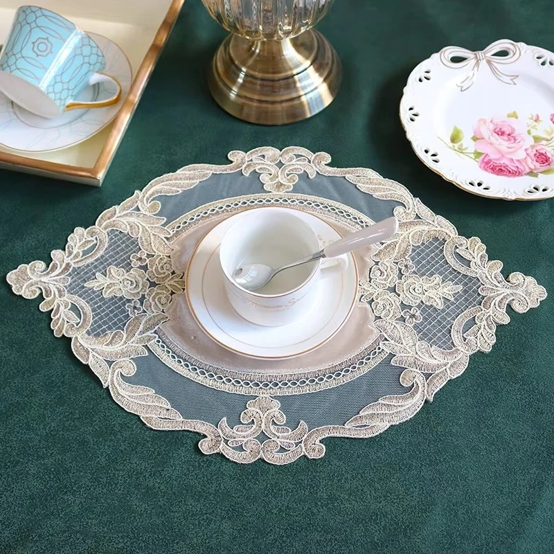 

Luxury Oval velvet embroidery transparent mesh placemat vase table lamp furniture upholstery cushion wedding party decoration