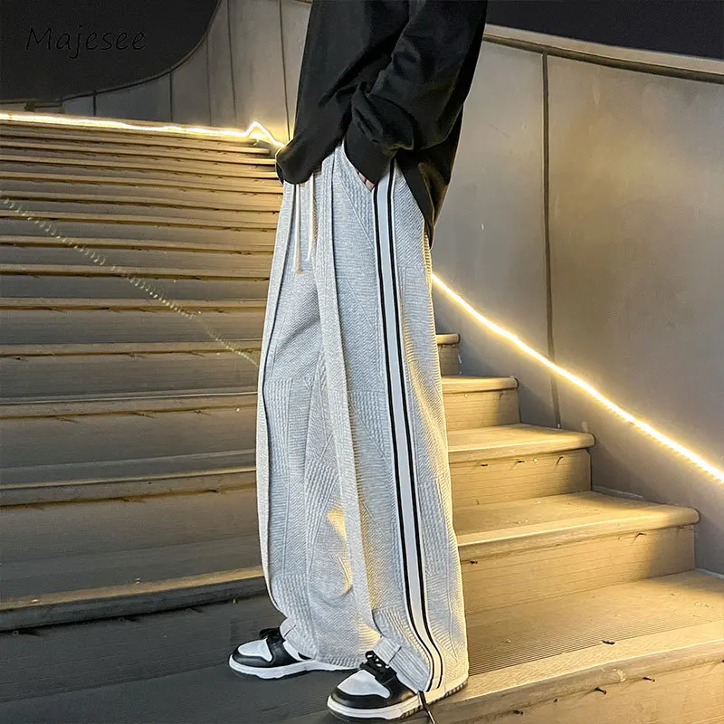 Pleated Pants Men Side Stripe Spliced Full Length Wide Leg Loose Bodybuilding Spring Autumn Hipster Leisure All-match Daily Chic