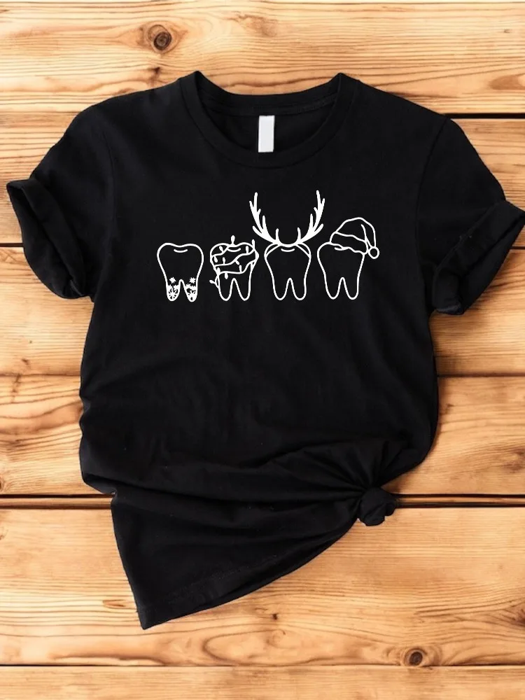 

Женская забавная рождественская футболка для стоматолога, топ с круглым вырезом и короткими рукавами, зубчатые рога и шляпа с оленями, забавная праздничная рубашка