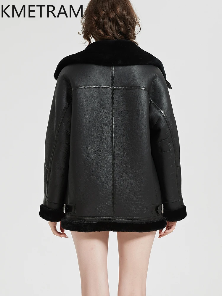 KMETRAM 100% Merino Sheepskin with Wool Atttached Fur Coat Biker Clothes 2025 Mid Length Women's Winter Jacket fourrures femmes