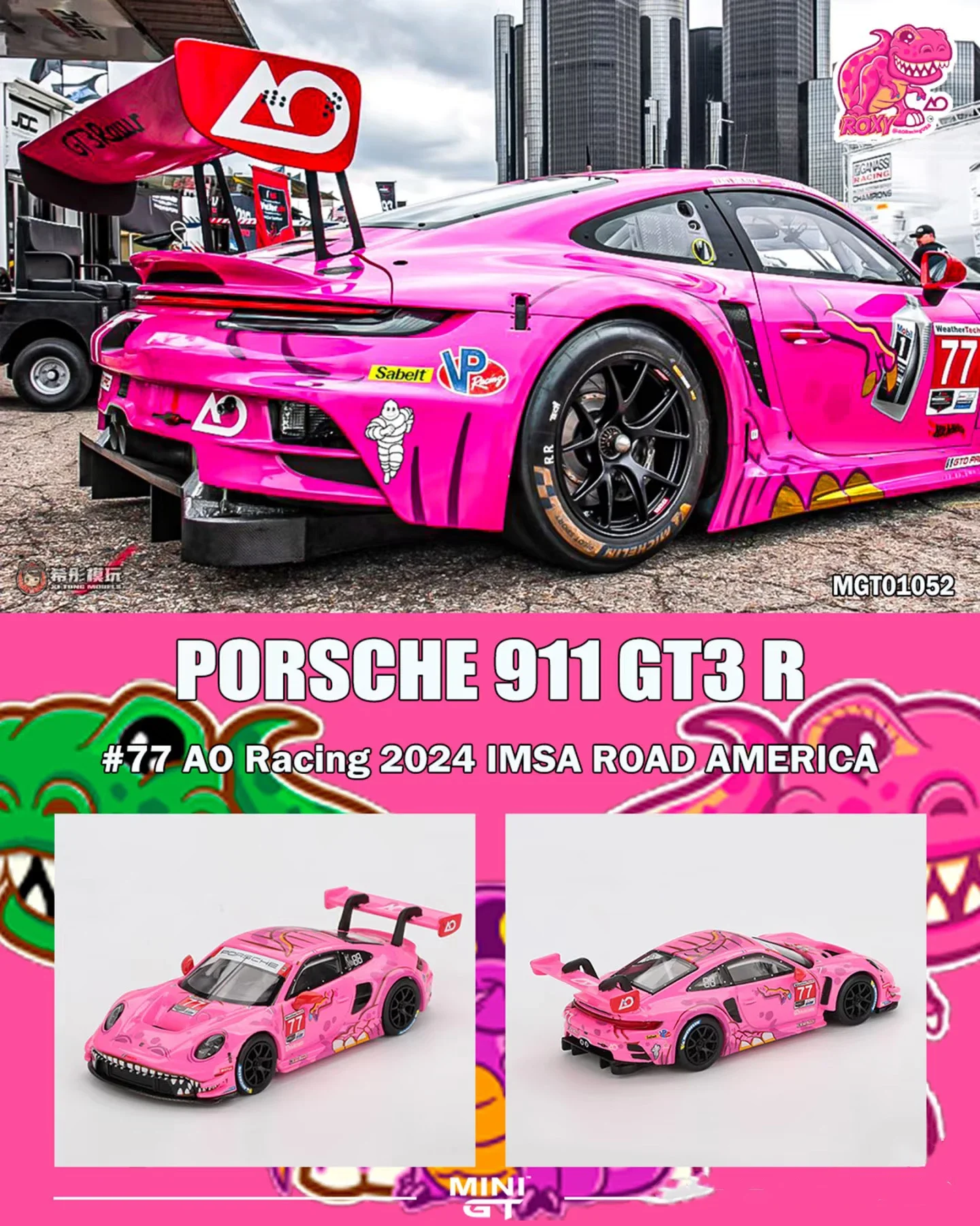 

**Pre Sale** MINIGT 1052 1:64 Porsche 911 GT3 R #77 AO Racing 2024 IMSA ROAD AMERICA Diecast Car Model Collection Toys