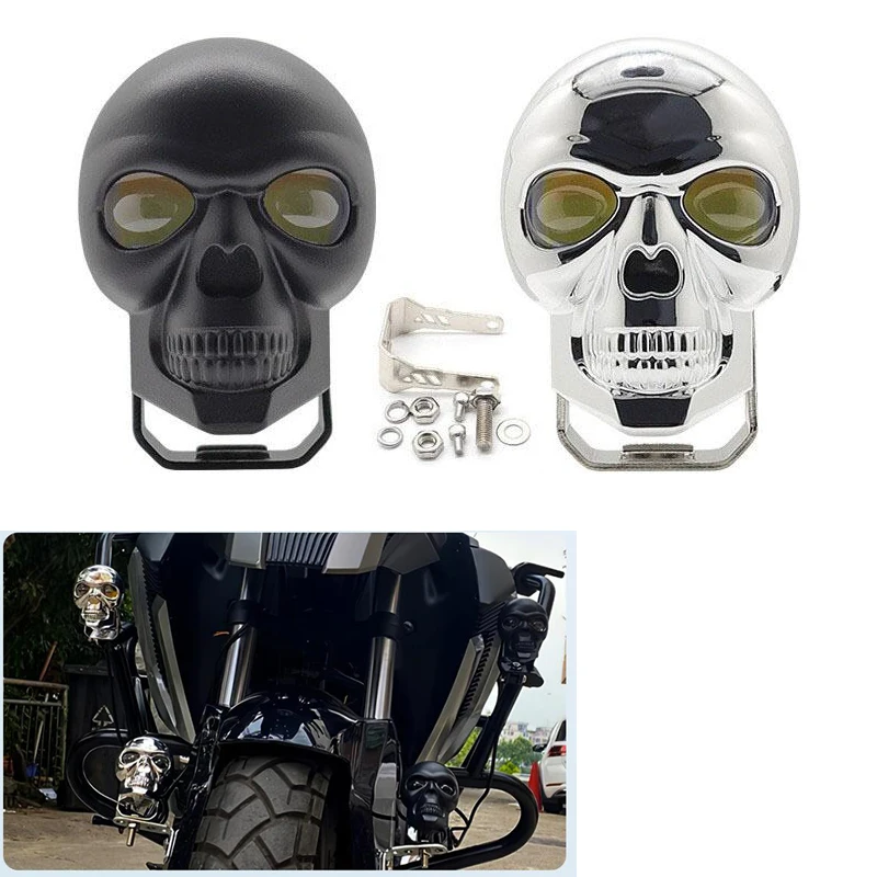 New Skull Style Motorcycle LED Headlight Mini Driving Light Universal Dual Color Spotlights for Motorbike Truck Trailer Off-road