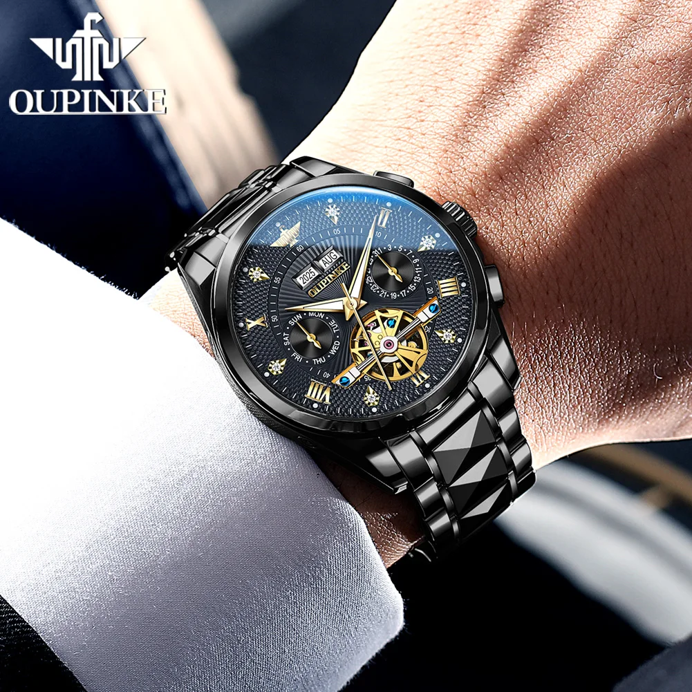 ساعات رجالية من OUPINKE من أفضل العلامات التجارية الفاخرة من الفولاذ التنغستن الأصلي ساعة ميكانيكية أوتوماتيكية للرجال حركة دولاب الموازنة مقاومة للماء #4