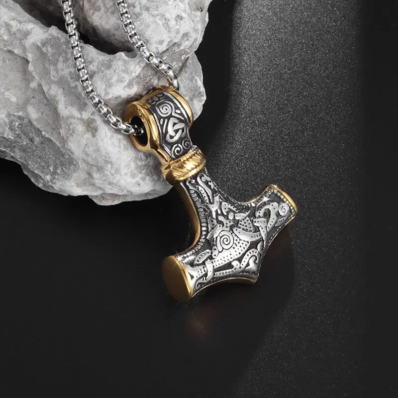 Mythology Celtic Thor's Hammer Pendant Necklace Men's Nordic Amulet Jewelry Men's Hip Hop Rock Punk Bike Necklace