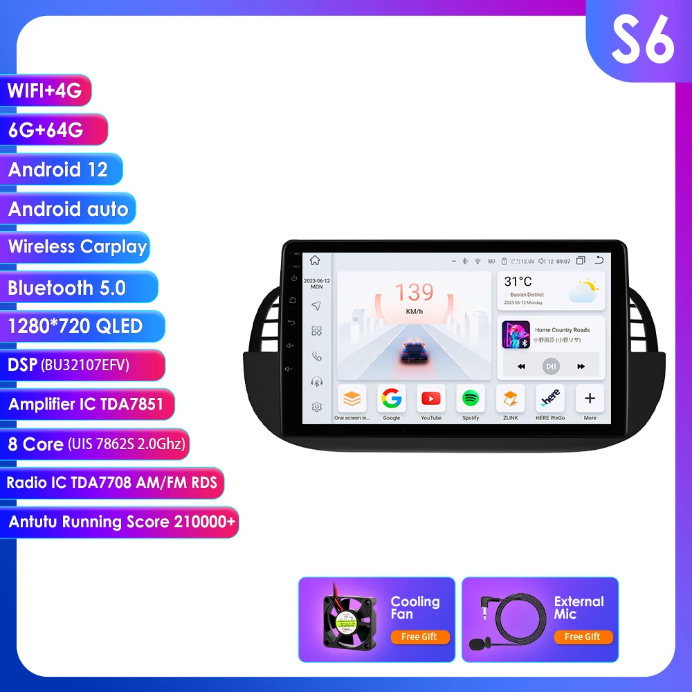 9 "Hizpo 2din Android Auto Radio Voor Fiat 500 2007 - 2014 Draadloze Carplay Scherm Gps Navigatie 4G Bt Swc Rds Dsp Ui7862