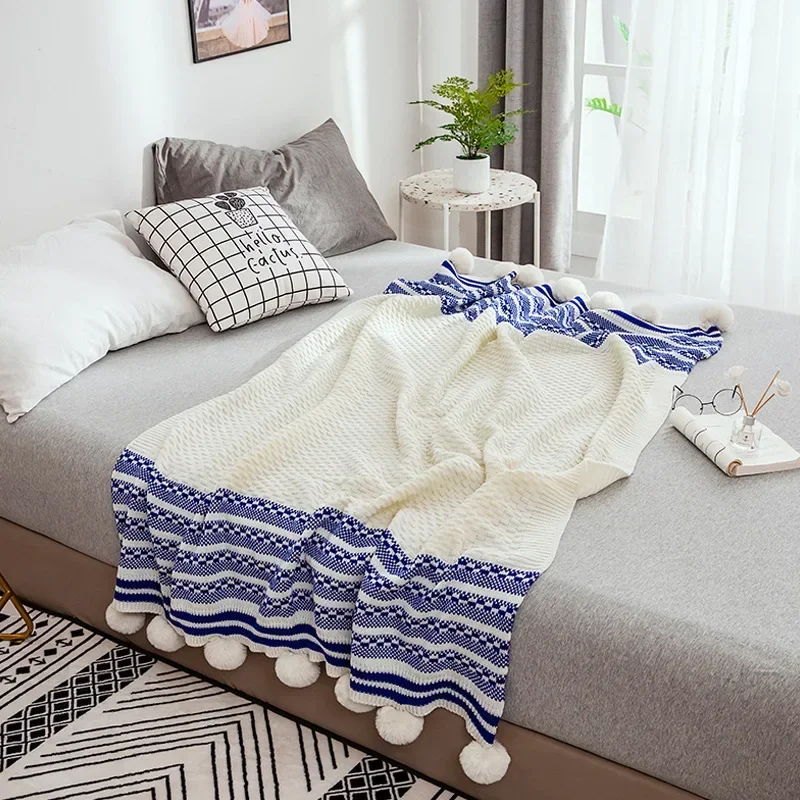 

European-Style Knitted Blanket Striped Throw Blanket Knit Blanket with Pom Poms Decorative Cotton Blanket for Sofa Bed