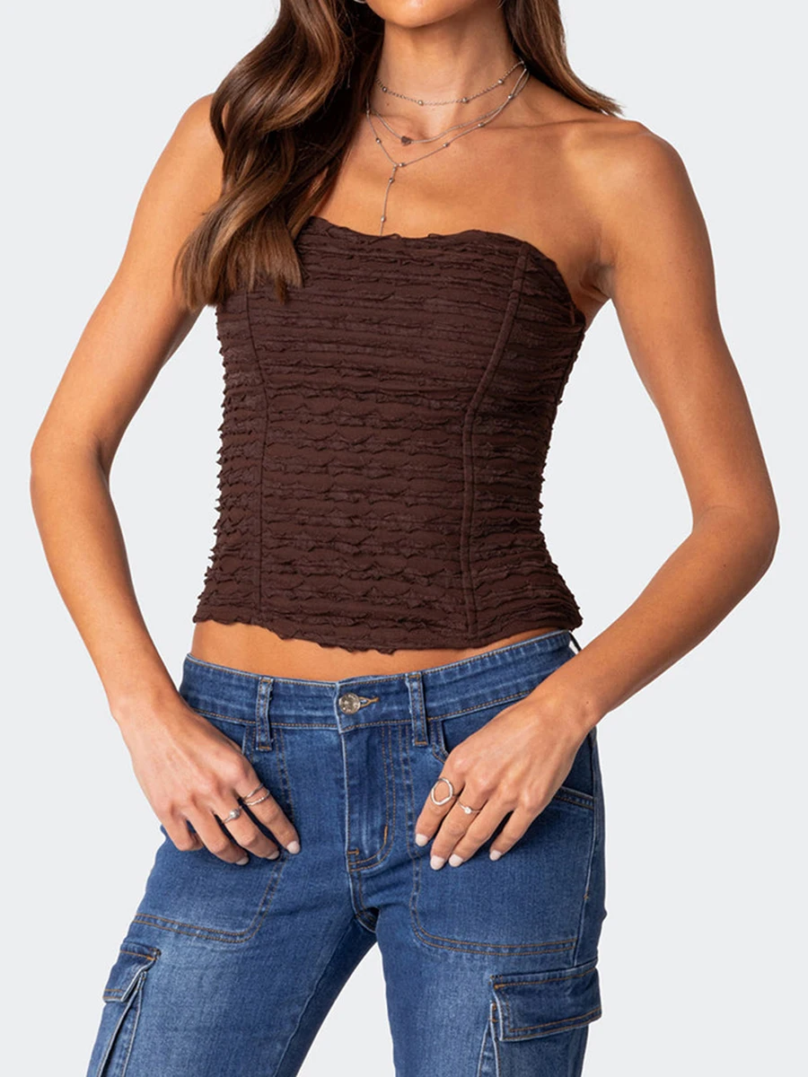 Summer Female Vintage Brown Crop Top Woman Off Shoulder Tube Top Strapless Pleated Backless Sexy Top Ruched Tied Tops Y2k