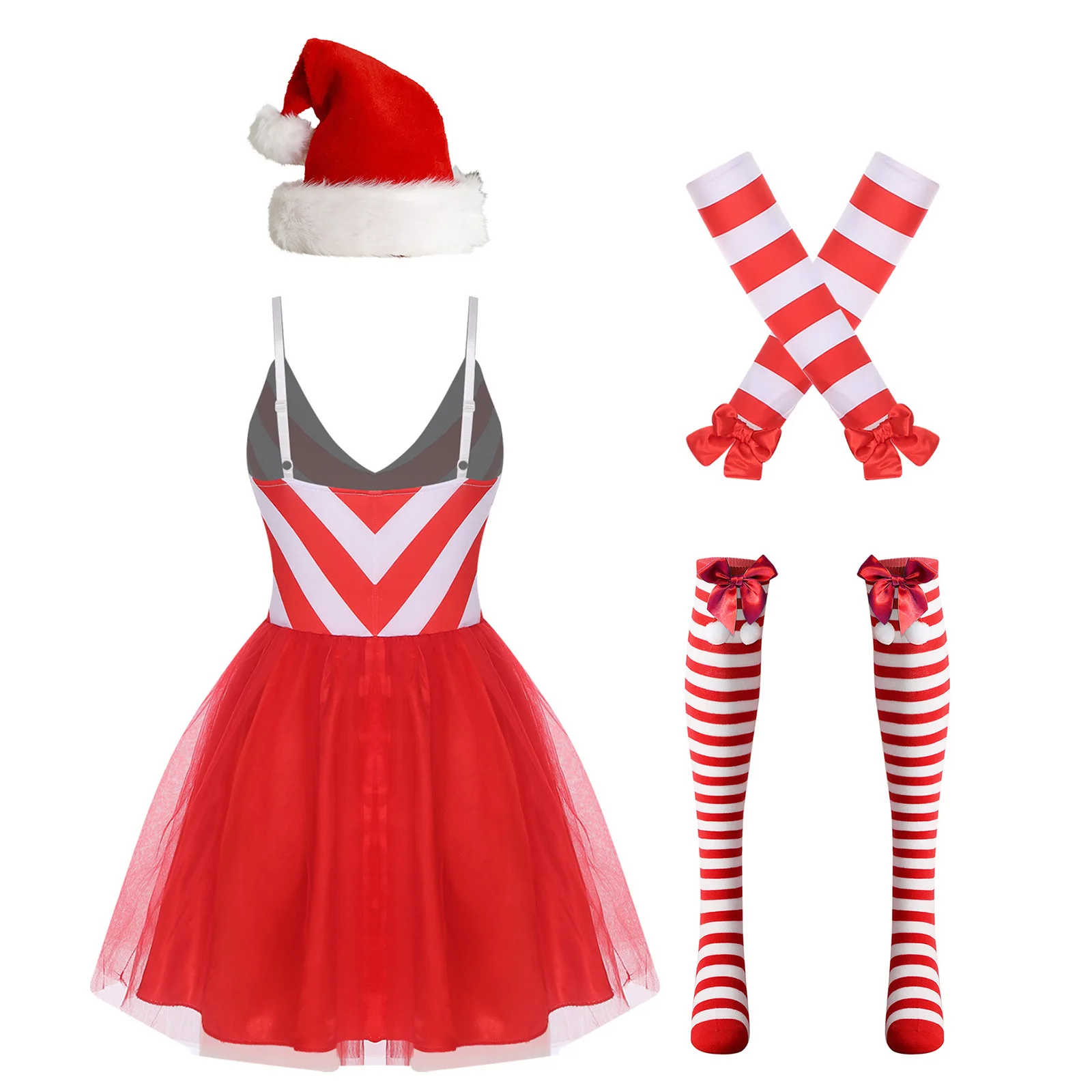المرأة عيد الميلاد الزنجبيل رجل الزي الخامس الرقبة قابل للتعديل الكتف الأشرطة مخطط صد فستان عيد الميلاد مع القوس قفازات قبعة والجوارب #2