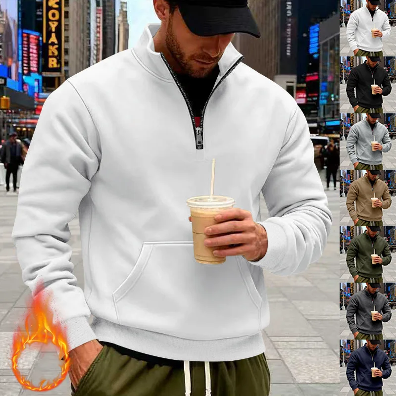 

Трансграничный осенне-зимний бархатный тяжелый мужской свободный повседневный свитер в стиле ретро с воротником-стойкой и полумолнией с карманами для пригородных поездок