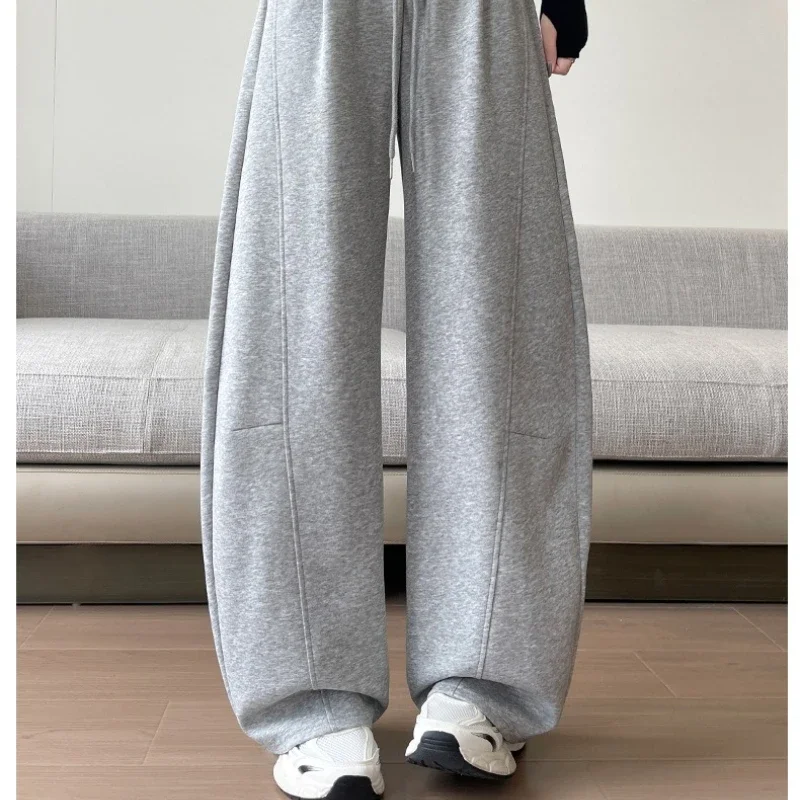 Autumn Winter Warm Sweatpants Women Thicken Fleece-lined High Waist Wide Leg Running Fitness Gym Pants Loose Fit Lounge Trousers