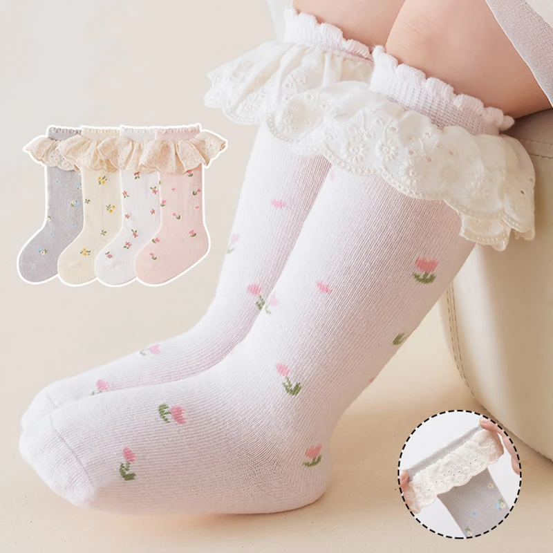 2/4 Pairs Newborn Girl Socks Floral Knee High Baby Girls Socks Lace Cuff Soft Cotton Long Socks for Girls Daily Wear