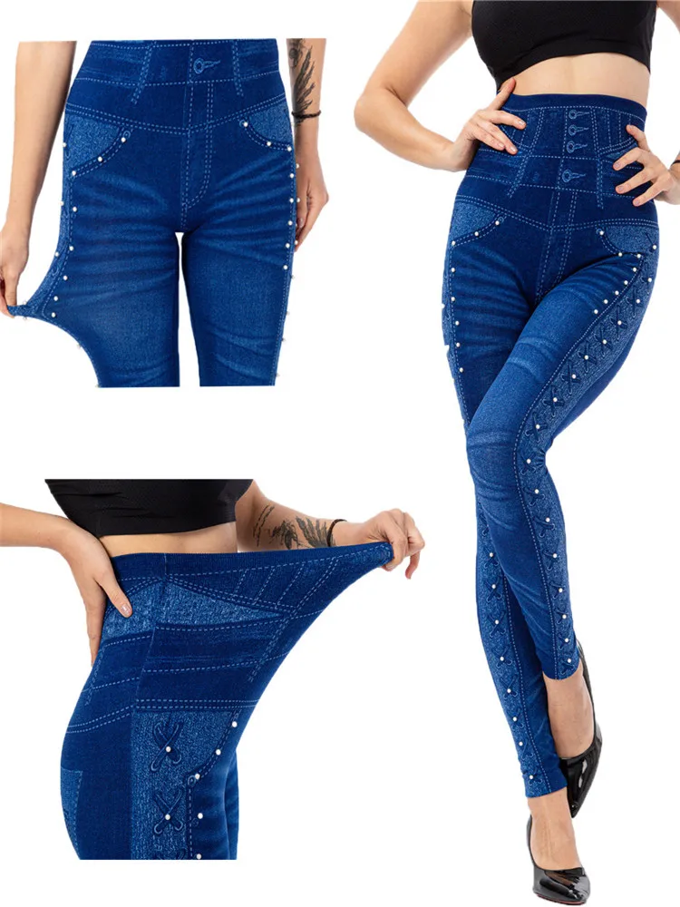 VISNXGI Liền Mạch Mỏng Nữ Giả Jean Denim Quần Legging Cho Tập Thể Bỏ Túi In Hình Mùa Hè Áo Quần Bút Chì Thể Thao Jeggings