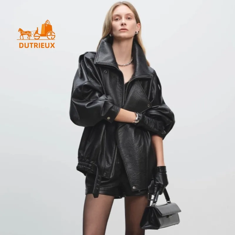 Giacca invernale in pelle con colletto a doppio strato in pelle di agnello da donna, cappotto in pelle confortevole con temperamento resistente al 100% vera pelle di pecora,