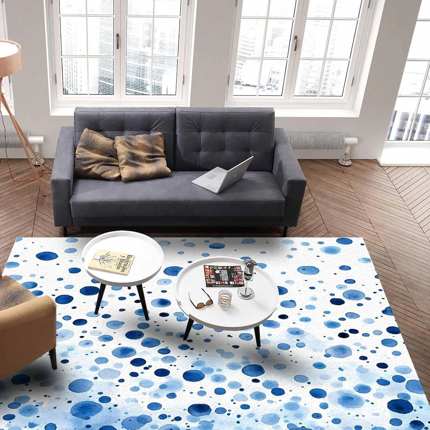 Polka Dot Theme Washable Area Rugs Watercolor Gradient Navy Blue Non Slip Rugs for Living Room Bedroom, Low Pile Floor Mat Large